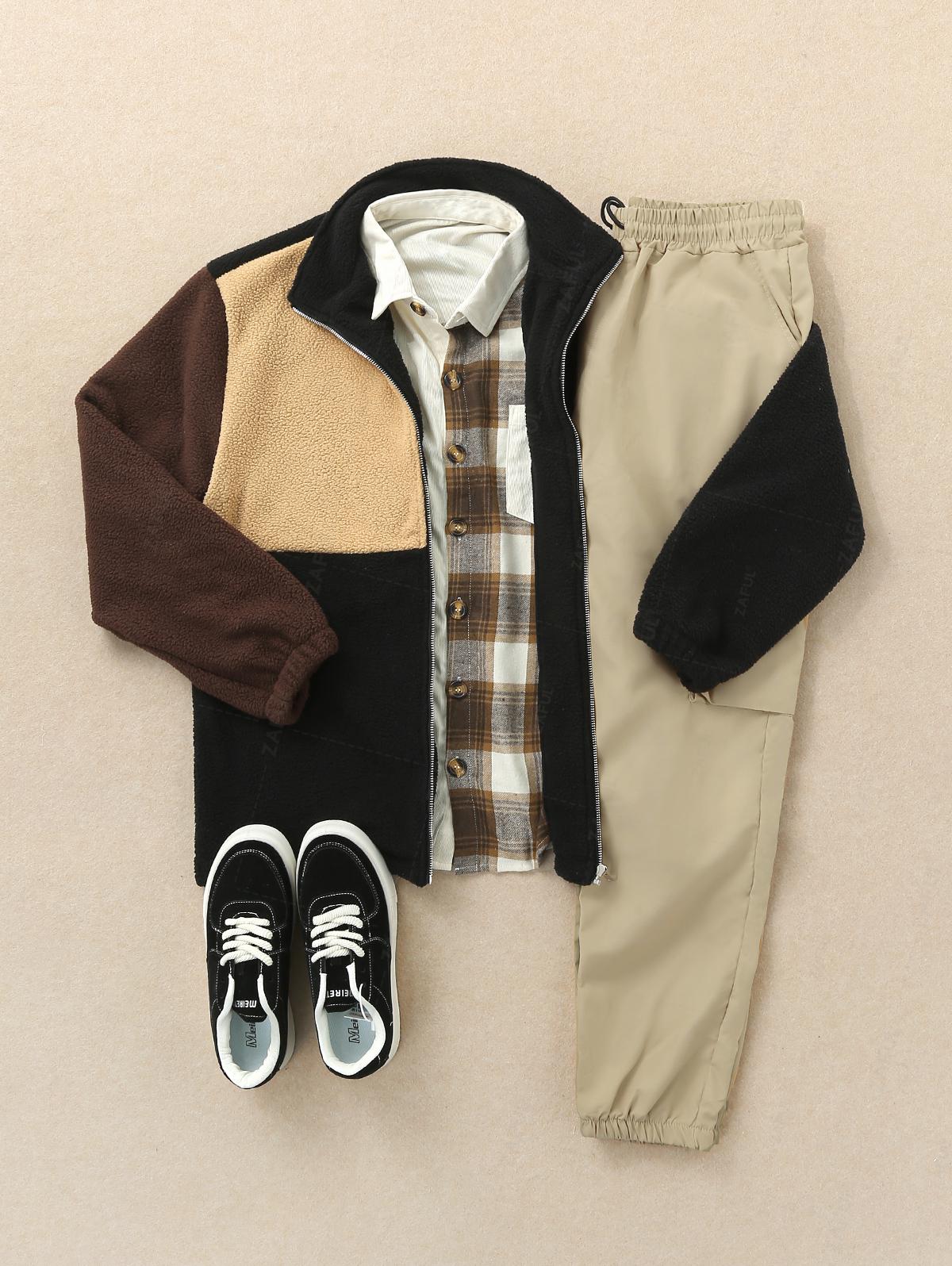 Men's Outfits Colorblock Fluffy Faux Fur Teddy Fleece Stand Collar Jacket And Colorblock Plaid Spliced Pocket Design Button Up Shirt And Streetwear Techwear Beam Feet Cargo Pants Set