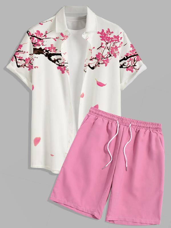 Men's Vacation Floral Plum Blossom Printed Button Up Short Sleeves Shirt And Basic Casual Shorts Set Kosyway