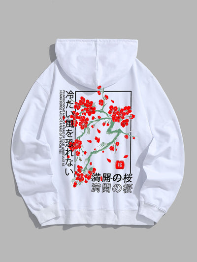 Men's Japanese Letter Plum Blossoms Pattern Kangaroo Pocket Pullover Hoodie