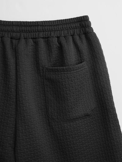 Men's Casual Solid Color Jacquard Textured Pocket Design Short Sleeves Shirt And Drawstring Shorts Set