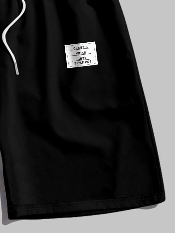 Men's Casual Letter Textured Quarter Zip Polo Collar Short Sleeves T-shirt And Patch Desigh Drawstring Shorts Set