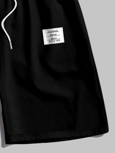 Men's Casual Letter Textured Quarter Zip Polo Collar Short Sleeves T-shirt And Patch Desigh Drawstring Shorts Set