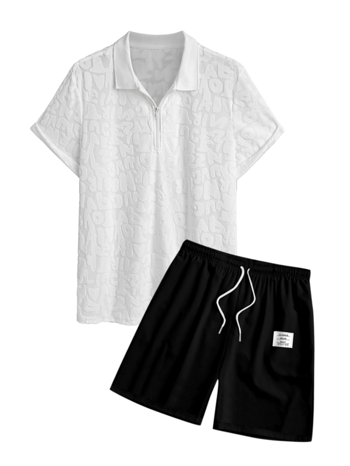 Men's Casual Letter Textured Quarter Zip Polo Collar Short Sleeves T-shirt And Patch Desigh Drawstring Shorts Set