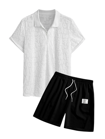 Men's Casual Letter Textured Quarter Zip Polo Collar Short Sleeves T-shirt And Patch Desigh Drawstring Shorts Set