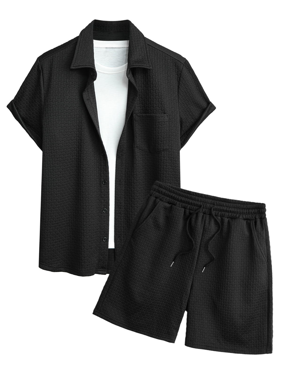 Men's Casual Solid Color Jacquard Textured Pocket Design Short Sleeves Shirt And Drawstring Shorts Set