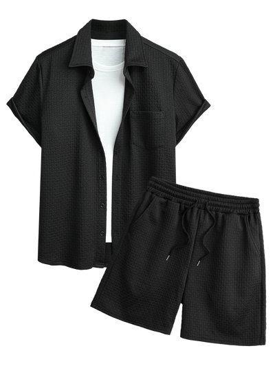 Men's Casual Solid Color Jacquard Textured Pocket Design Short Sleeves Shirt And Drawstring Shorts Set