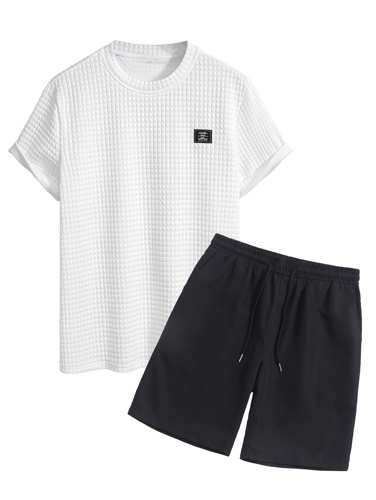 Men's Grid Textured Patch Design Crew Neck Short Sleeves T-shirt And Drawstring Casual Shorts Set