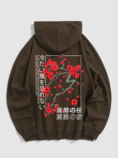 Men's Japanese Letter Plum Blossoms Pattern Kangaroo Pocket Pullover Hoodie Kosyway