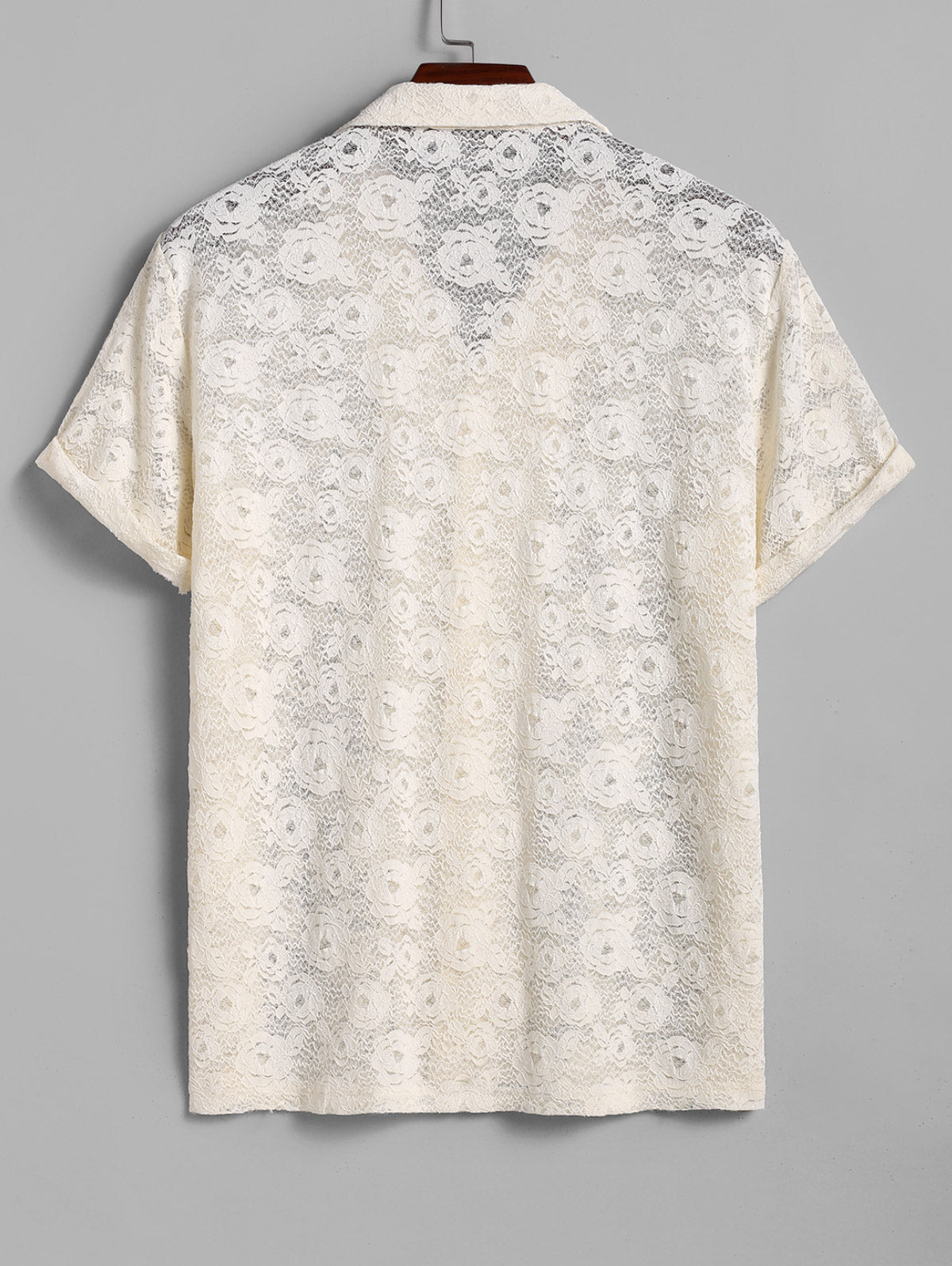 Men's Floral Rose Lace Openwork Camp Collar Button Up Short Sleeves Shirt
