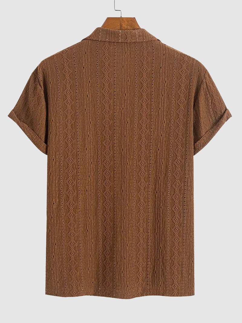 Men's Solid Color Textured Openwork Polo Collar Half Buttoned Short Sleeves Shirt