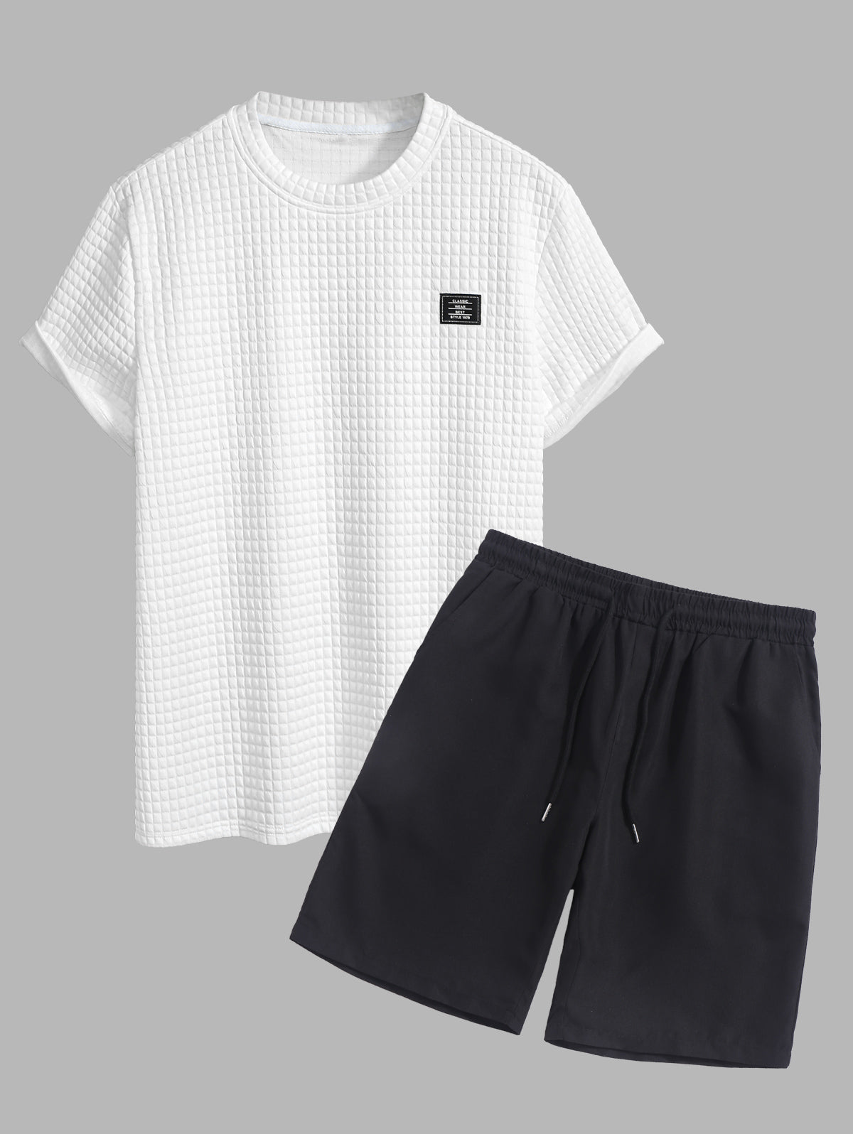 Men's Grid Textured Patch Design Crew Neck Short Sleeves T-shirt And Drawstring Casual Shorts Set