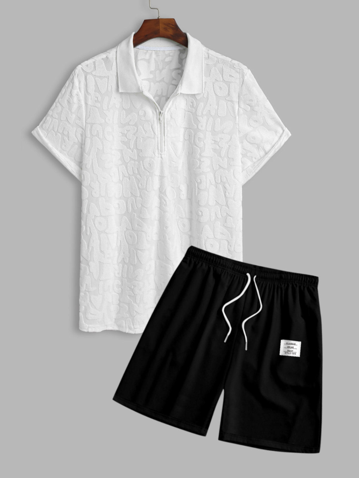 Men's Casual Letter Textured Quarter Zip Polo Collar Short Sleeves T-shirt And Patch Desigh Drawstring Shorts Set