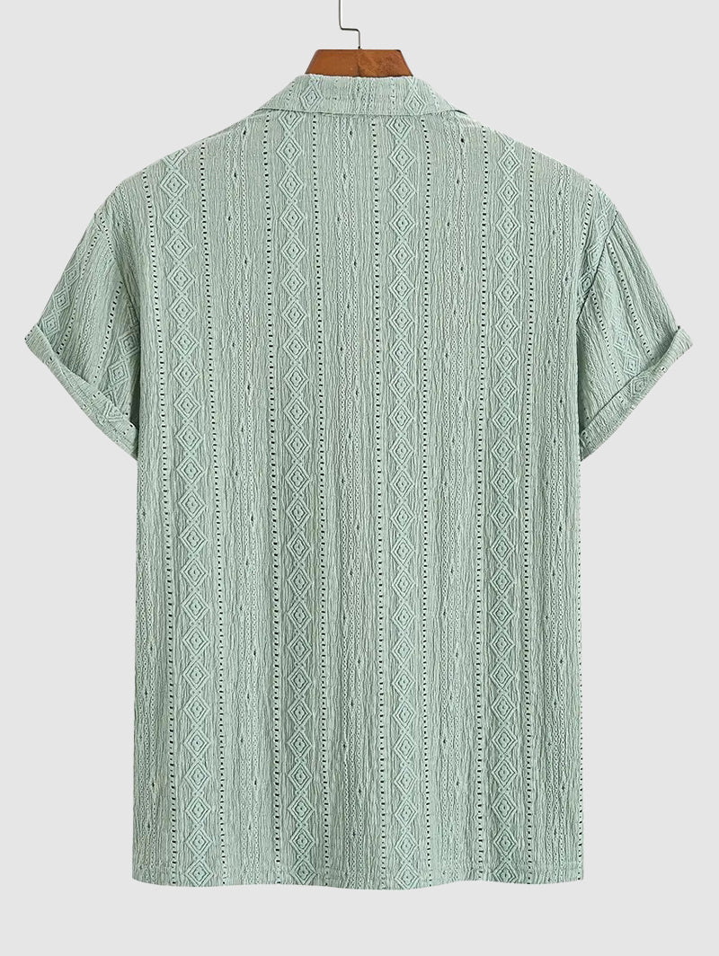 Men's Solid Color Textured Openwork Polo Collar Half Buttoned Short Sleeves Shirt