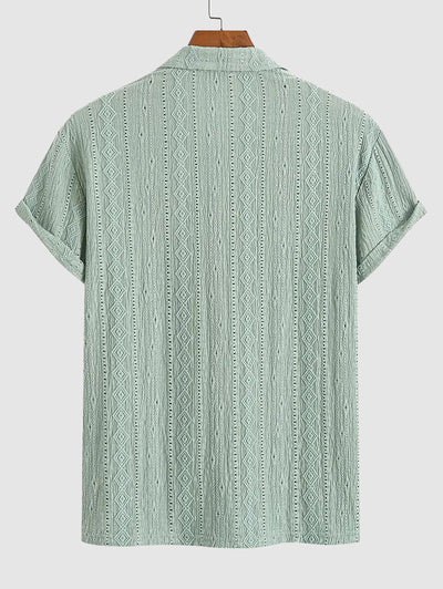 Men's Solid Color Textured Openwork Polo Collar Half Buttoned Short Sleeves Shirt