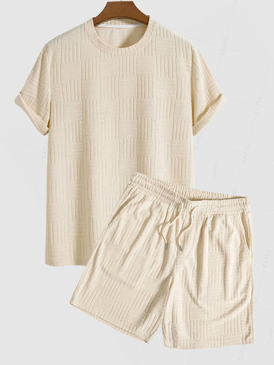 Jacquard Terry Cloth Textured Short Sleeves T Shirt With Shorts Two Piece Set - Light Coffee