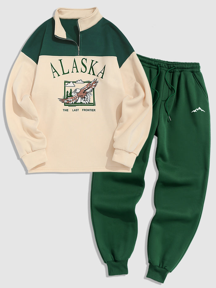 Men's ALASKA Graphic Eagle Printed Colorblock Fleece Quarter Zip Sweatshirt And Mountain Pattern Drawstring Jogger Sweatpants Set