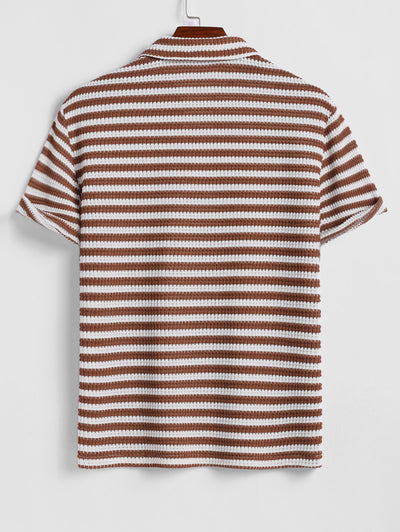 Men's Contrast Striped Polo Collar Half Buttoned Knit Short Sleeves T-shirt