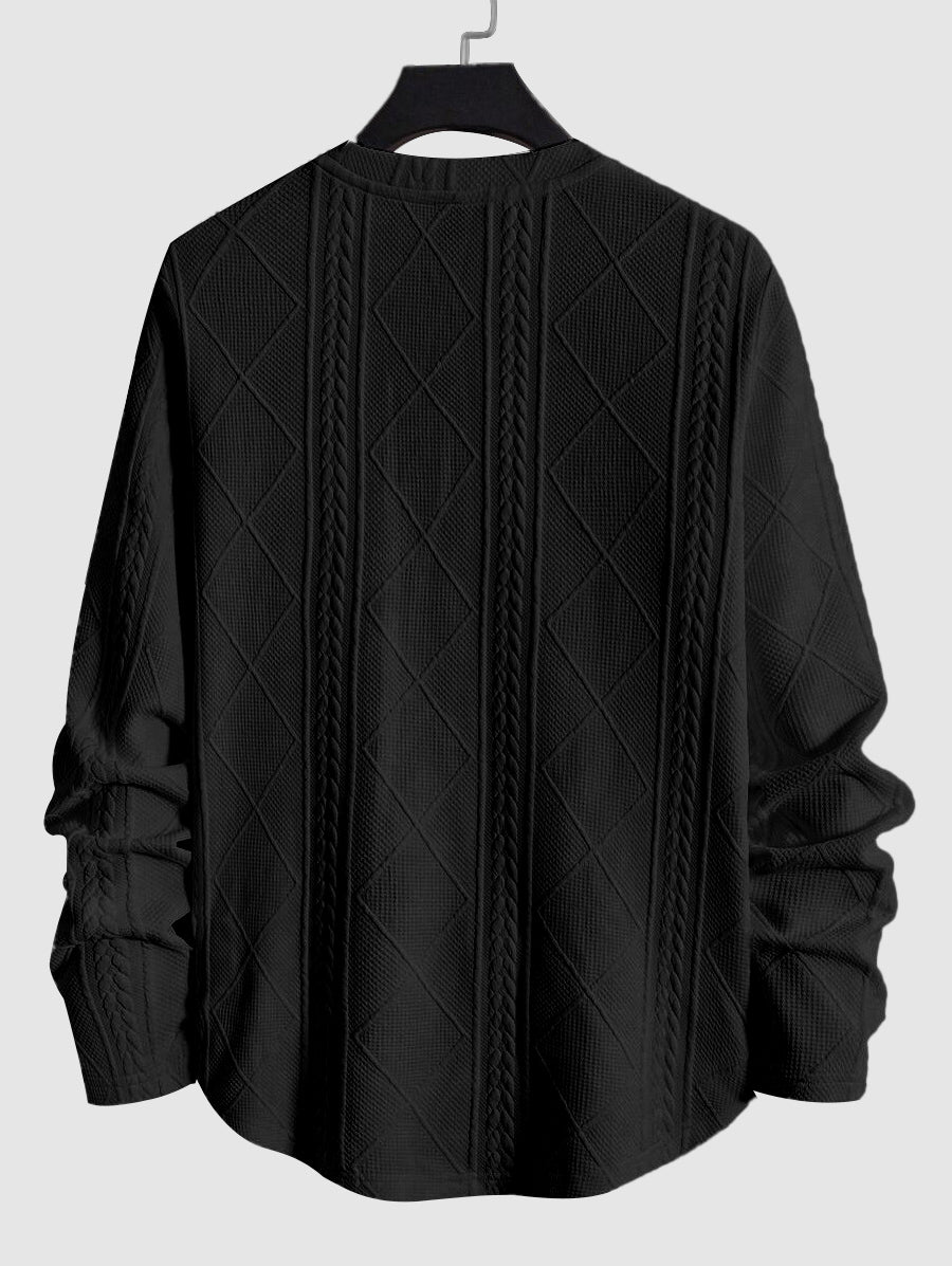 Men's Jacquard Textured Patch Design Crew Neck Long Sleeves Pullover Sweatshirt