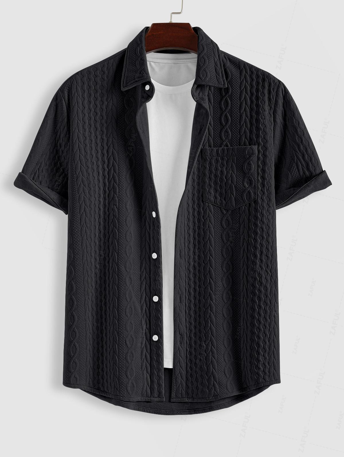 Men's Solid Color Button Up Front Pocket Cable Jacquard Textured Short Sleeves Shirt and Slant Pockets Drawstring Casual Shorts Sets