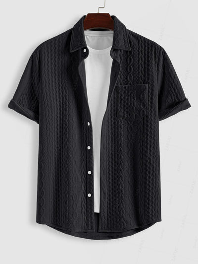 Men's Solid Color Button Up Front Pocket Cable Jacquard Textured Short Sleeves Shirt and Slant Pockets Drawstring Casual Shorts Sets