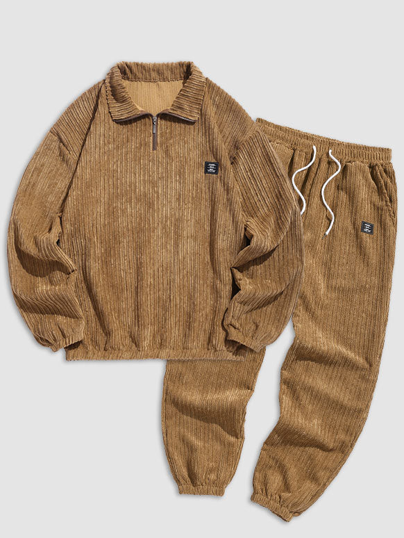 Men's Striped Patch Design Quarter Zip Stand Collar Corduroy Sweatshirt Set