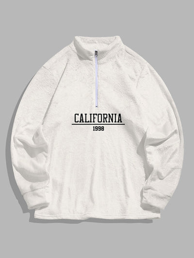 Men's CALIFORNIA 1998 Graphic Pattern Fluffy Fleece Quarter Zip Stand Collar Sweatshirt Set