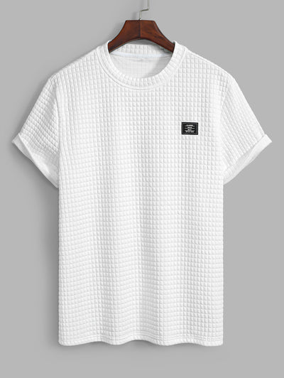 Men's Grid Textured Patch Design Crew Neck Short Sleeves T-shirt And Drawstring Casual Shorts Set