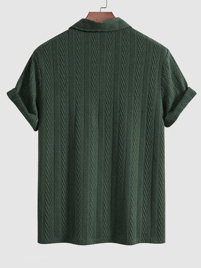 Men's Solid Color Jacquard Textured Polo Collar Half Buttoned Short Sleeves T-shirt