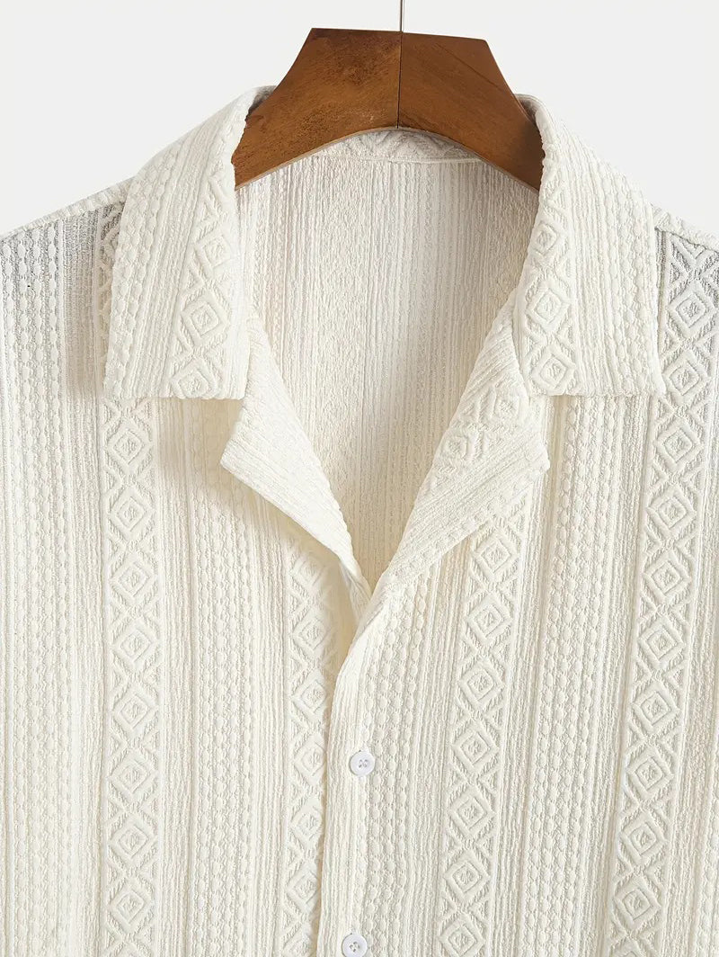 Men's Solid Color Geometric Textured Camp Collar Button Up Short Sleeves Shirt