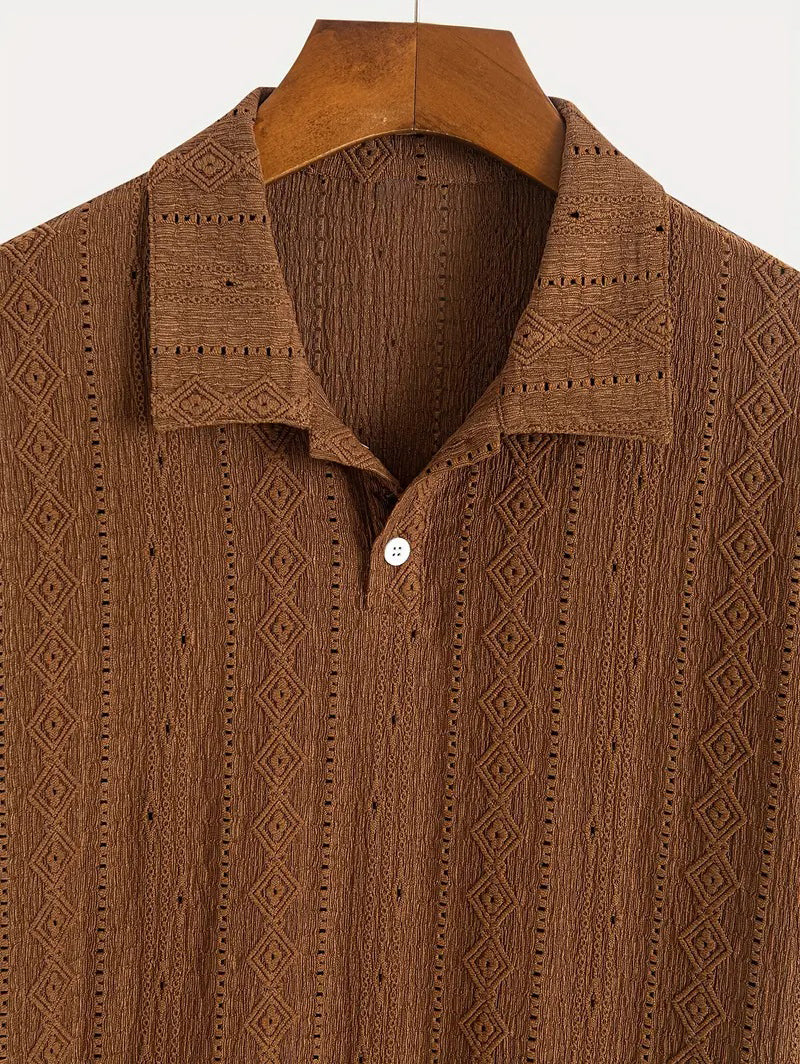 Men's Solid Color Textured Openwork Polo Collar Half Buttoned Short Sleeves Shirt