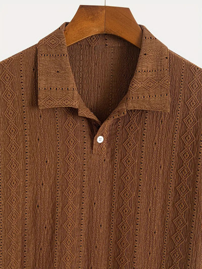 Men's Solid Color Textured Openwork Polo Collar Half Buttoned Short Sleeves Shirt