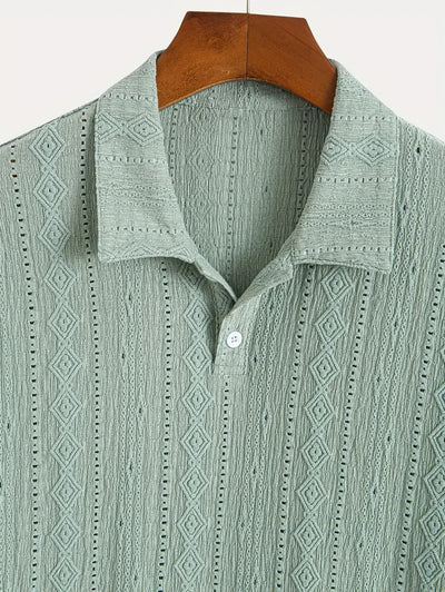 Men's Solid Color Textured Openwork Polo Collar Half Buttoned Short Sleeves Shirt