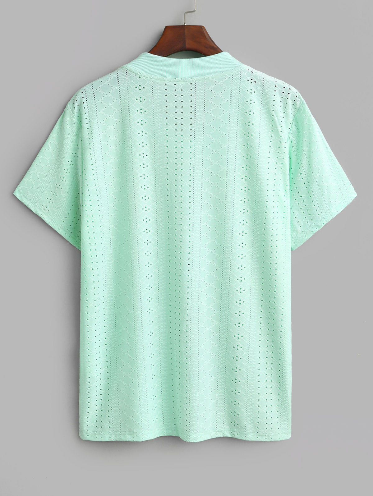 Men's Geometric Openwork Jacquard Textured Pointelle Knit V Neck Short Sleeves T-shirt