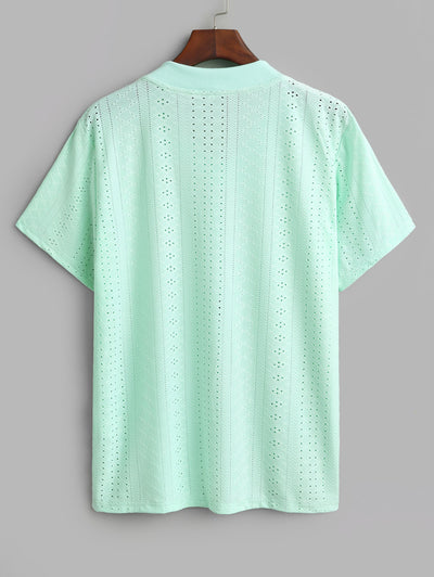 Men's Geometric Openwork Jacquard Textured Pointelle Knit V Neck Short Sleeves T-shirt