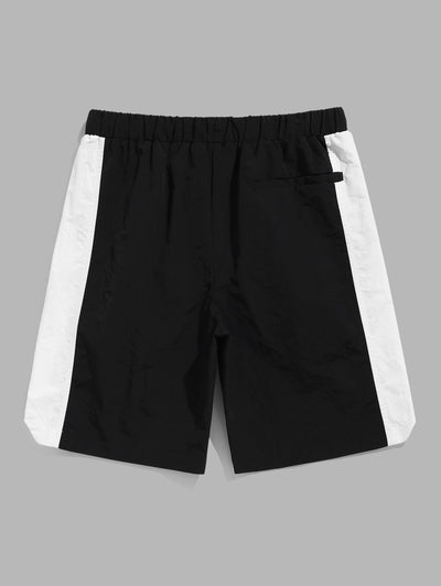 Men's Colorblock Letter Pattern Zip Pockets Design Drawstring Casual Cargo Shorts