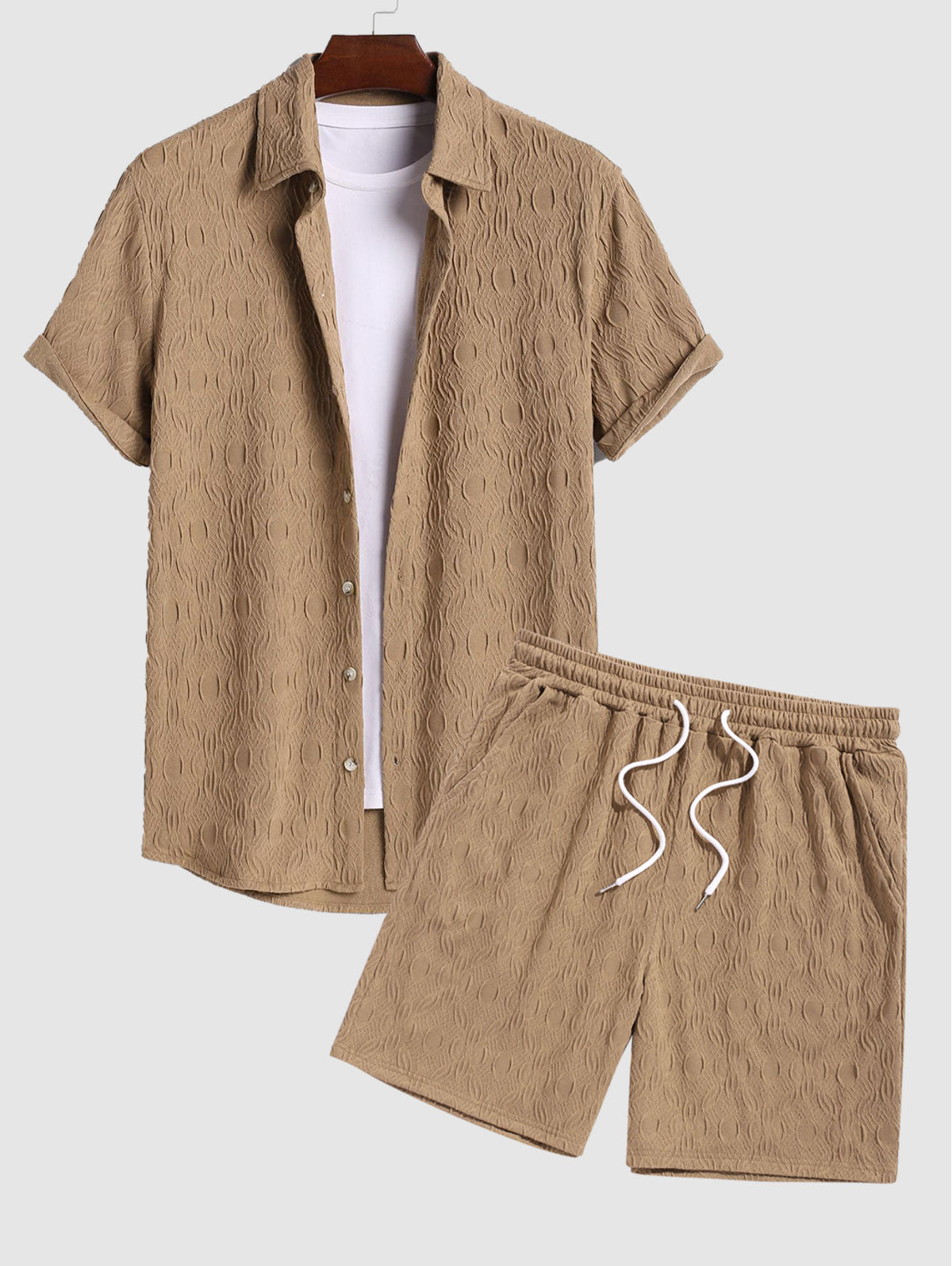 Men's Jacquard Textured Asymmetric Hem Button Up Short Sleeves Shirt And Knitted Casual Drawstring Shorts Set