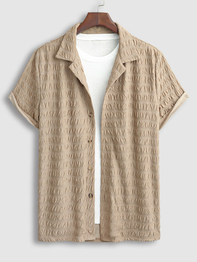Men's Casual Jacquard Textured Camp Collar Button Up Short Sleeves Shirt And Letter Patch Desigh Drawstring Shorts Set