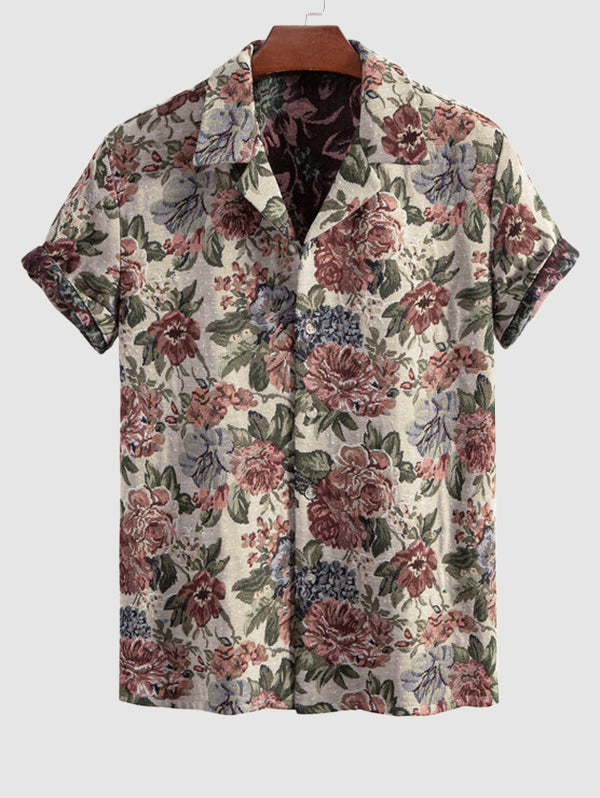 Men's Cotton And Linen Textured Floral Pattern Camp Collar Button Up Short Sleeves Shirt And Drawstring Casual Shorts Set