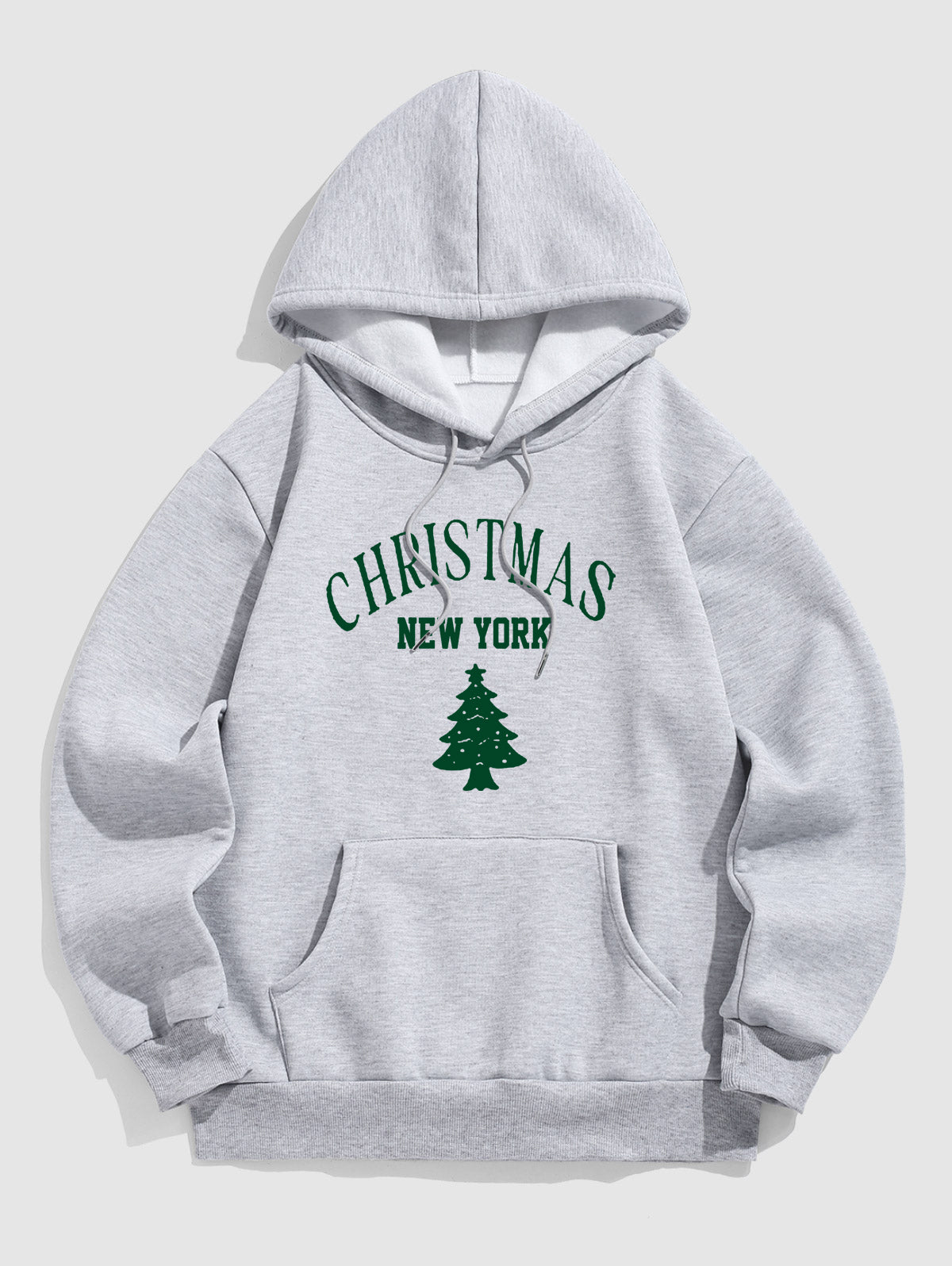 Men's NEW YORK Christmas Tree Pattern Fuzzy Fleece-lined Kangaroo Pocket Design Pullover Hoodie And Drawstring Jogger Sweatpants Set Kosyway