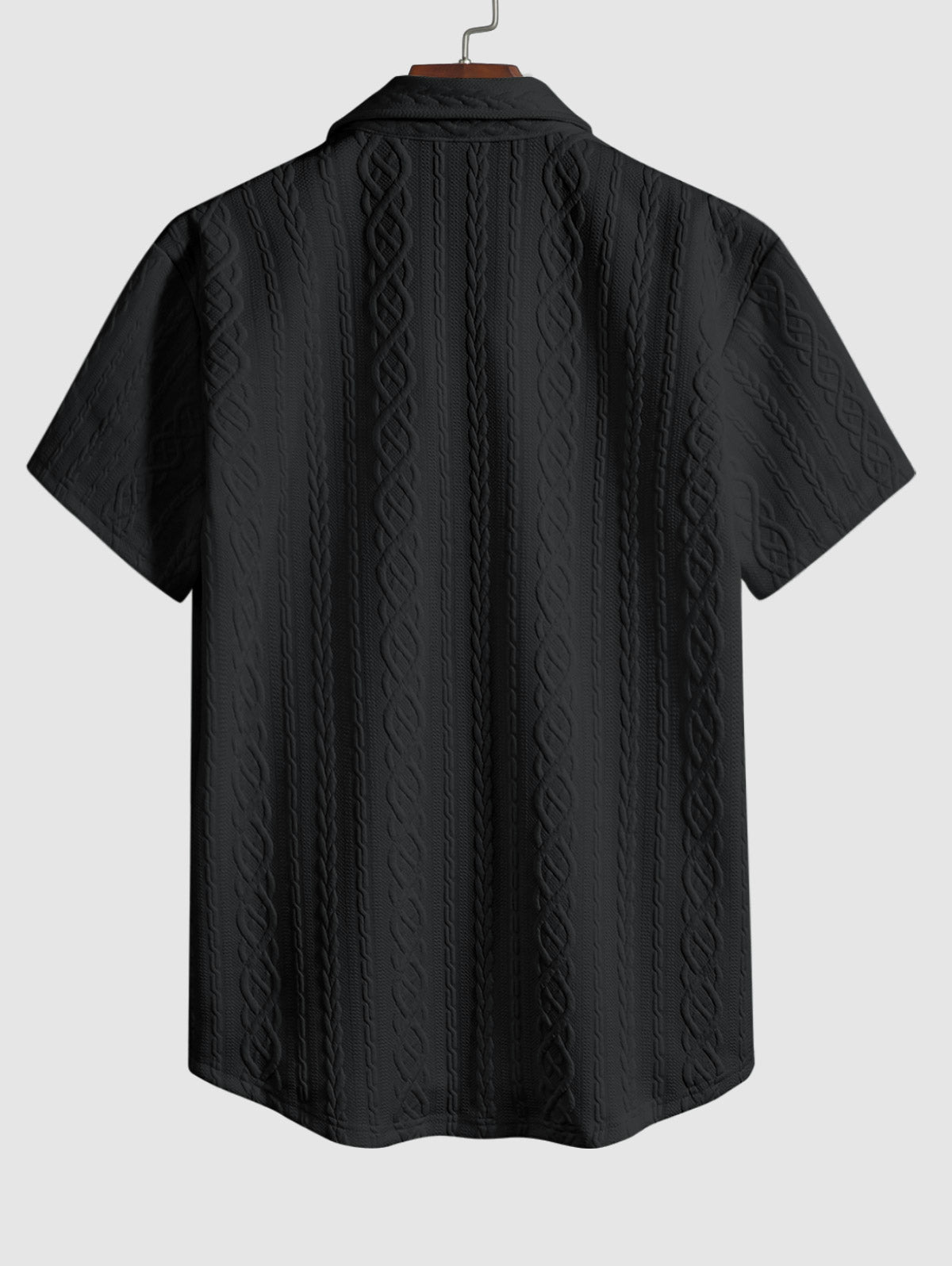 Men's Solid Color Cable Knit Jacquard Textured Button Up Short Sleeves Shirt