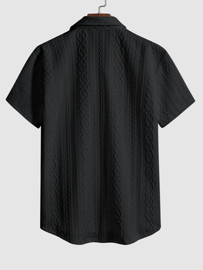 Men's Solid Color Cable Knit Jacquard Textured Button Up Short Sleeves Shirt