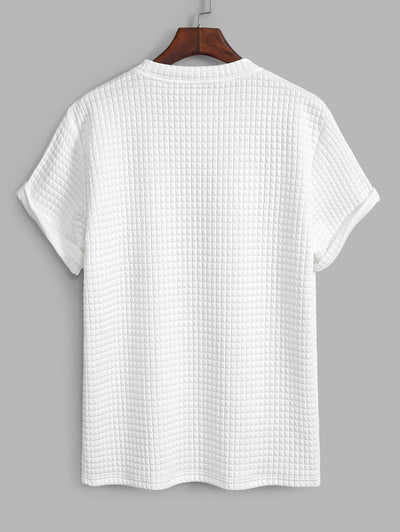 Men's Grid Textured Patch Design Crew Neck Short Sleeves T-shirt And Drawstring Casual Shorts Set