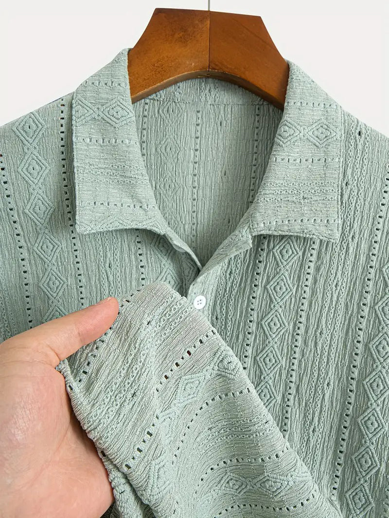 Men's Solid Color Textured Openwork Polo Collar Half Buttoned Short Sleeves Shirt