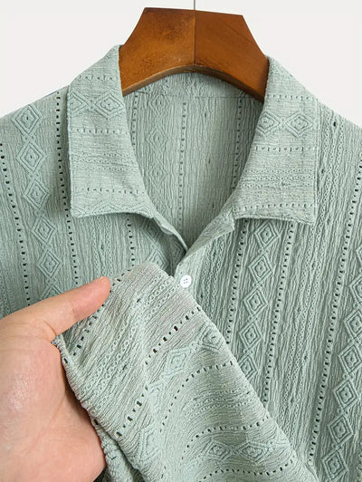 Men's Solid Color Textured Openwork Polo Collar Half Buttoned Short Sleeves Shirt