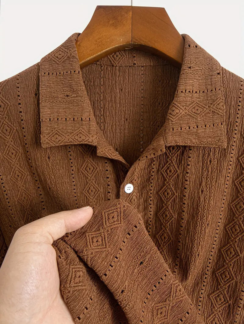 Men's Solid Color Textured Openwork Polo Collar Half Buttoned Short Sleeves Shirt