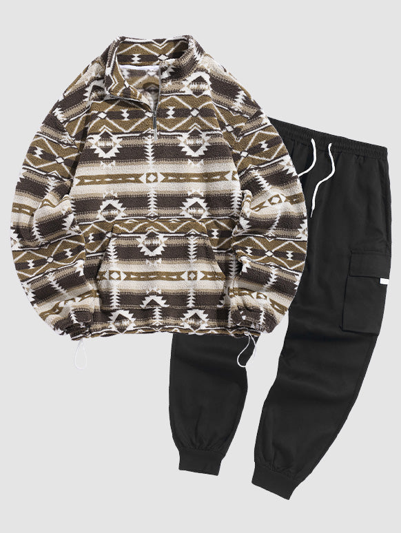 Men's Ethnic Aztec Print Thermal Fluffy Fleece Half Zip Stand Collar Pullover Sweatshirt Set