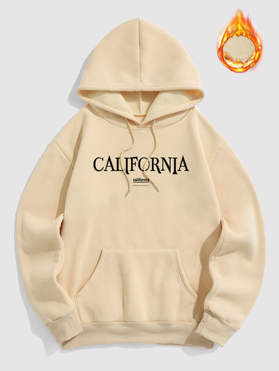 Men's Casual Letter California Pattern Fuzzy Fleece-lined Kangaroo Pocket Design Pullover Hoodie Set