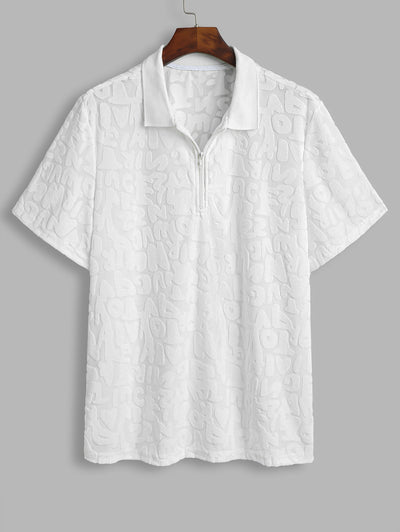Men's Casual Letter Textured Quarter Zip Polo Collar Short Sleeves T-shirt And Patch Desigh Drawstring Shorts Set