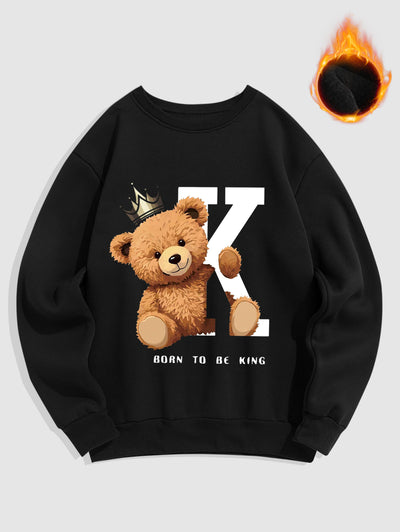 Bear Crown Letter Graphic Printed Fuzzy Fleece-lined Crew Neck Pullover Sweatshirt Set