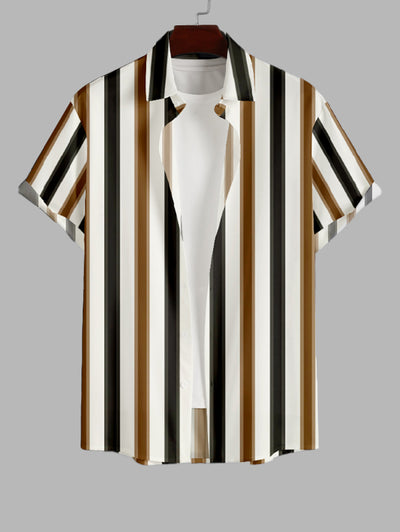 Men's Colorblock Stripes Button Up Short Sleeves Shirt And Solid Color Cotton and Linen Straight Leg Pants Sets